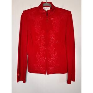St. John Evening Red Sparkle Glam Santana Knit Christmas Full Zip Jacket 6 S